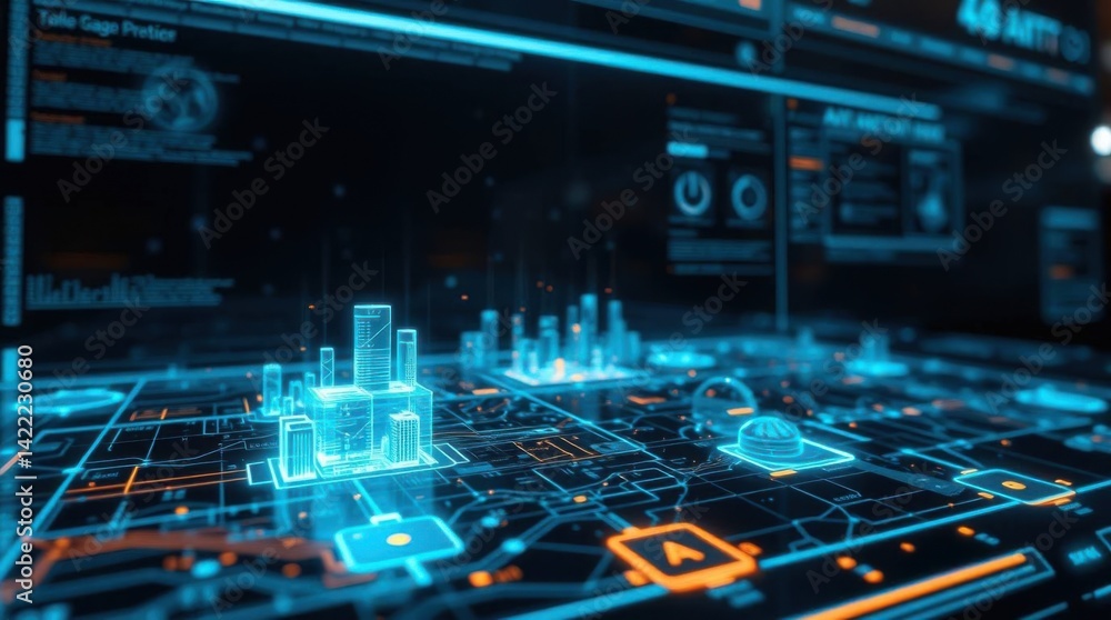 Aufkleber futuristic city interface with holographic buildings and data visualization