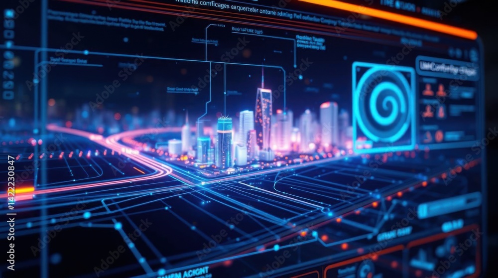 Aufkleber futuristic city interface with neon lights and digital data display