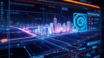 Futuristic city interface with neon lights and digital data display