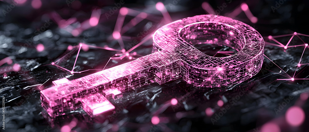 Poster a digital key glowing pink depicts security and data access. suggests cybersecurity concepts such as