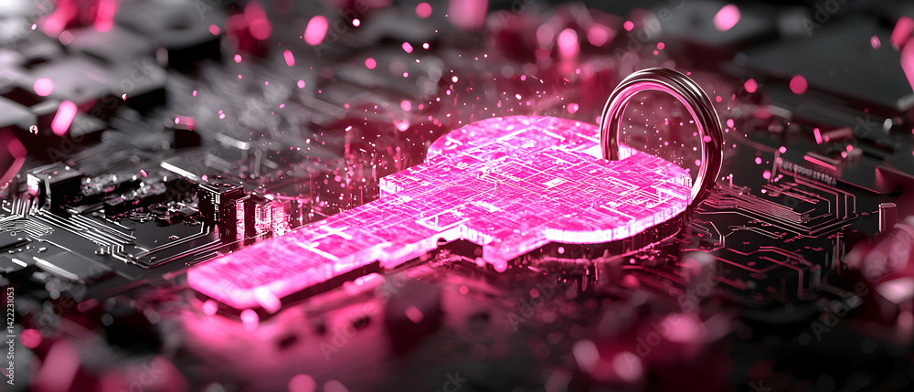 Poster a stylized image shows a glowing pink key resting on a circuit board. it suggests data security acce