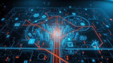Futuristic city map with neon lights and digital network connections design