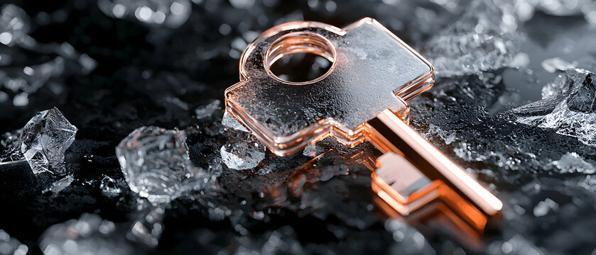 A rose gold key rests on a dark textured surface surrounded by icy crystals. This image would work well as a background for a luxury website.