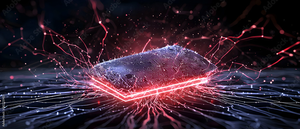 Poster a futuristic digital circuit board glowing red with flowing data streams. perfect for tech presentat