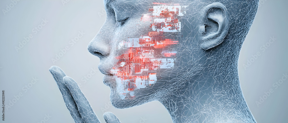 Poster an artistic image of a human face partly interwoven with digital circuitry. suggesting ai and techno