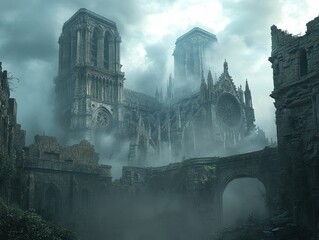 Obraz premium Atmospheric gothic cathedral ruin shrouded in mist and foreboding skies
