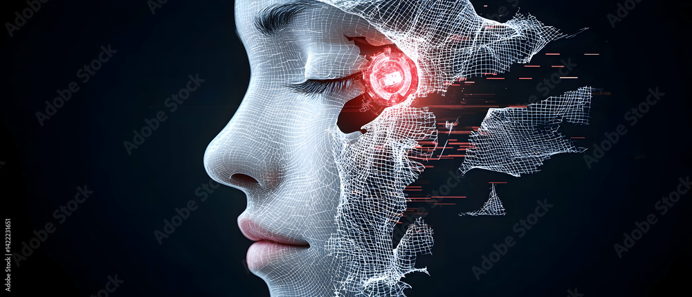 Poster digital art shows a human face with a wireframe overlay. a red glowing circle emanates light hinting