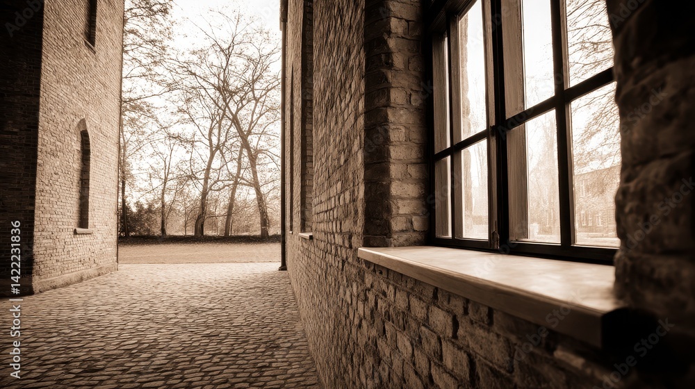 Poster serene view through a rustic window framing trees and cobblestone path in a tranquil setting