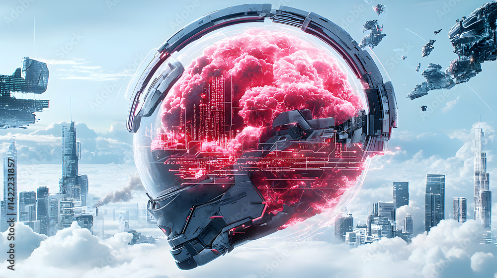 Aufkleber a futuristic cityscape enveloped in clouds. a giant brain in a helmet and flying vehicles suggesting