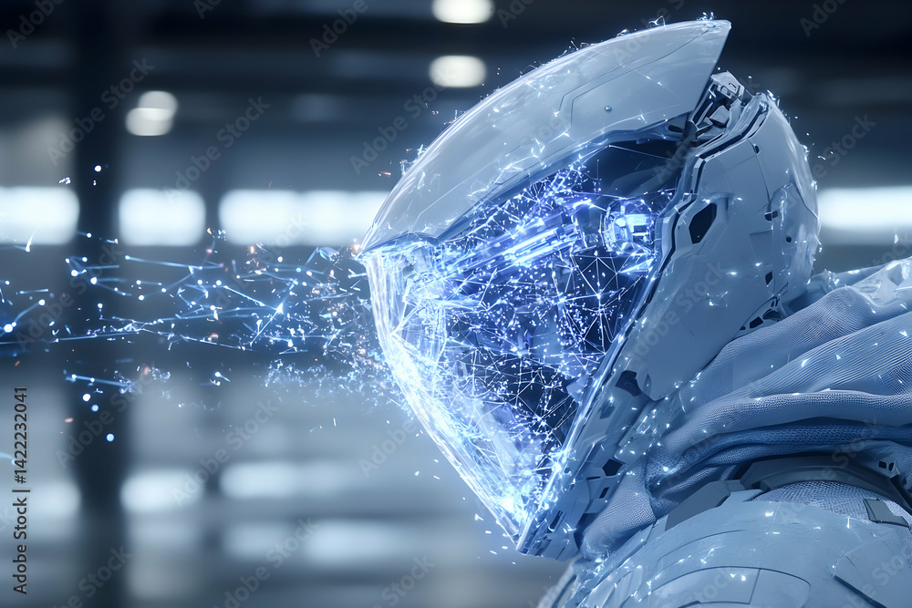Poster a futuristic humanoid cyborg with data streaming from its helmet. suggesting ai technology or a cybe
