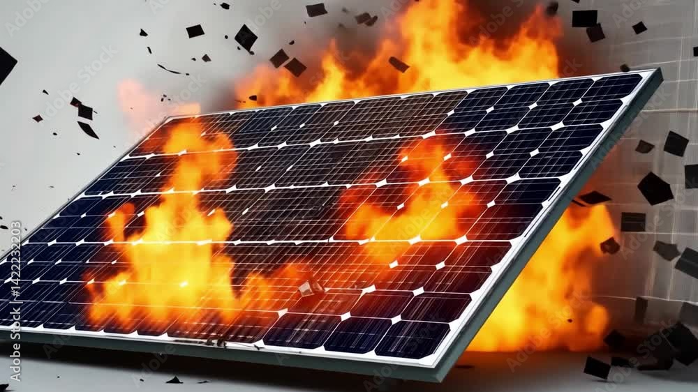 Aufkleber an explosive visual depicting a solar panel engulfed in flames. this image highlights the dynamics o