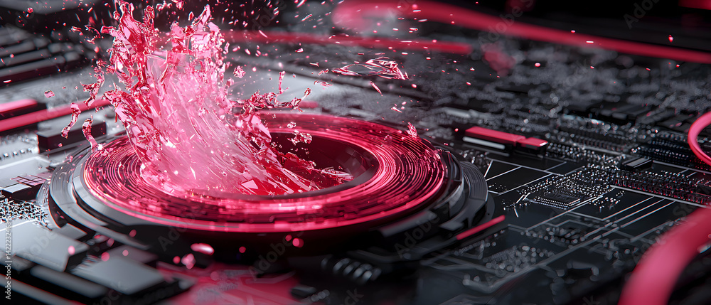 Poster abstract image of a motherboard with a pink liquid splash. suggests data flow or digital disruption.