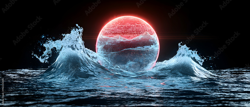 Poster an artistic depiction of data represented within a sphere amid dynamic ocean waves. suitable for tec
