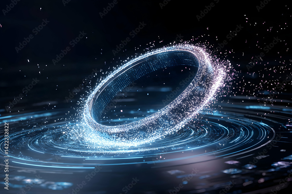 Poster abstract image of a glowing ring floating amidst digital data streams. suggests technological advanc