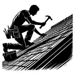 Roofer Working on Roof Silhouette Vector Illustration