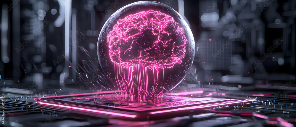 Poster an ai brain encased in a sphere connected to a circuit board. suggests technological advancement and