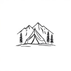 Minimalist camping scene with a tent nestled between mountain peaks and evergreen trees in a simple design.