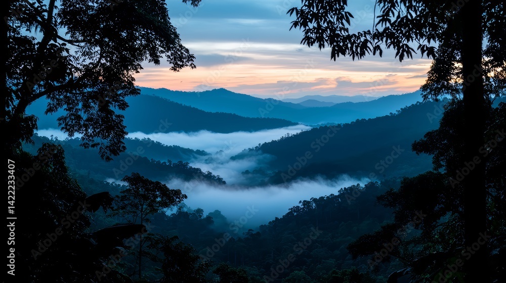 Poster misty mountain range is visible in the distance, with the sun setting behind it. the sky is a mix of