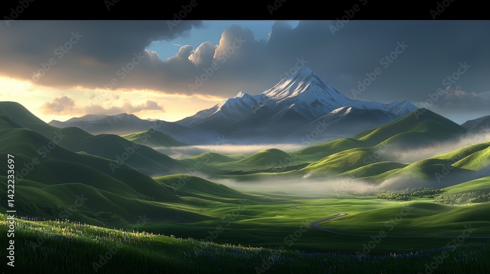 Aufkleber mountain range with a cloudy sky in the background. the mountains are covered in snow and the sky is