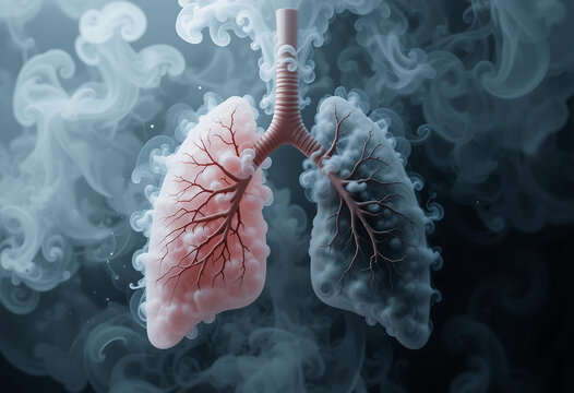 Visualization of lungs surrounded by smokey mist demonstrating health and disease contrast