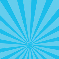 Blue sunburst background. Abstract texture with starburst. Blue sun rays background. Bright beams pattern. Gradient radial stripes. Light summer sky with sparkle for art. Retro style.