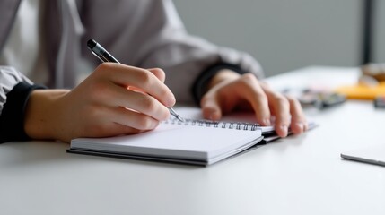 Close up of hands writing on notepad professional business workplace concept