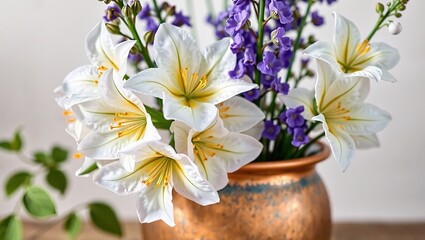 Elegant White, Gold, and Teal Delphiniums with Violet Armeria in a Weathered Copper Pot