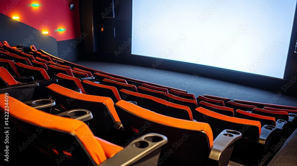 Poster movie theater with a large screen and rows of orange chairs. the chairs are empty and the screen is 