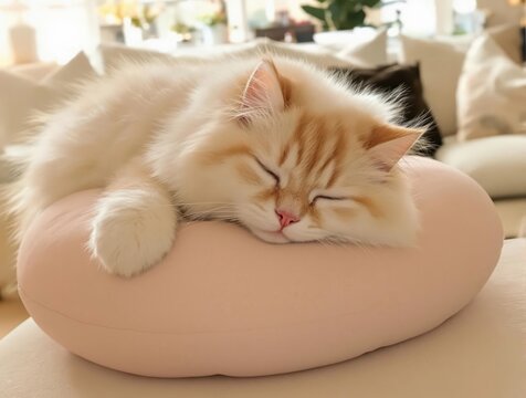 A cat is sleeping on a pink pillow