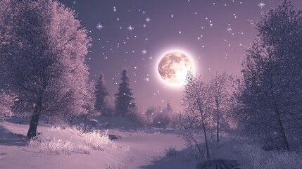 A beautiful winter scene with falling snowflakes and a large moon