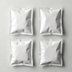 Four blank white packaging pouches arranged square on light background. Clean, minimalist design. Mockup for product packaging, perfect for branding, retail concepts. Empty plastic bags for food,