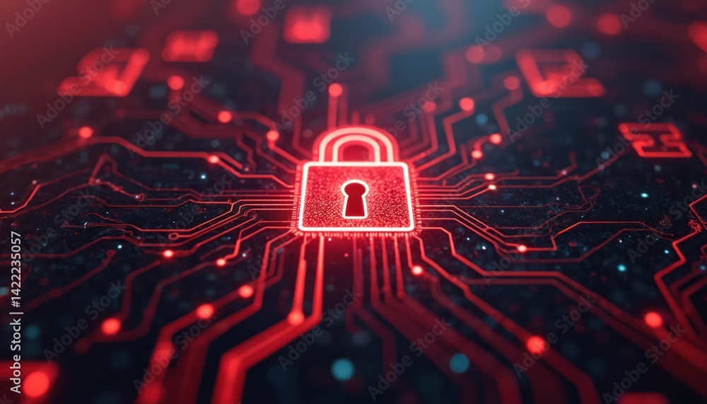Poster cyber security concept digital background red lock on circuit board, technology privacy protection s