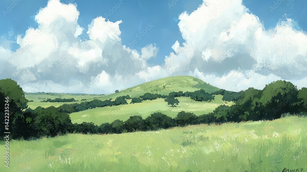 Poster painting of a field with a hill in the background. the sky is cloudy and the grass is green