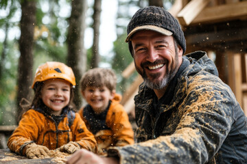 Fototapeta premium A man and a young boy play joyfully in the mud, covered in brown splatters, laughing and having fun without a care in the world.