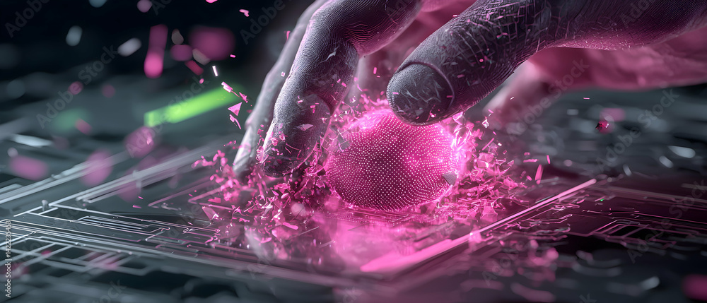 Poster a futuristic image of a hand interacting with a glowing pink sphere on a circuit board. suggests tec