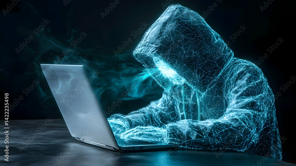 Poster a hooded figure glows with digital lines while working on a laptop. the image suggests cyber securit