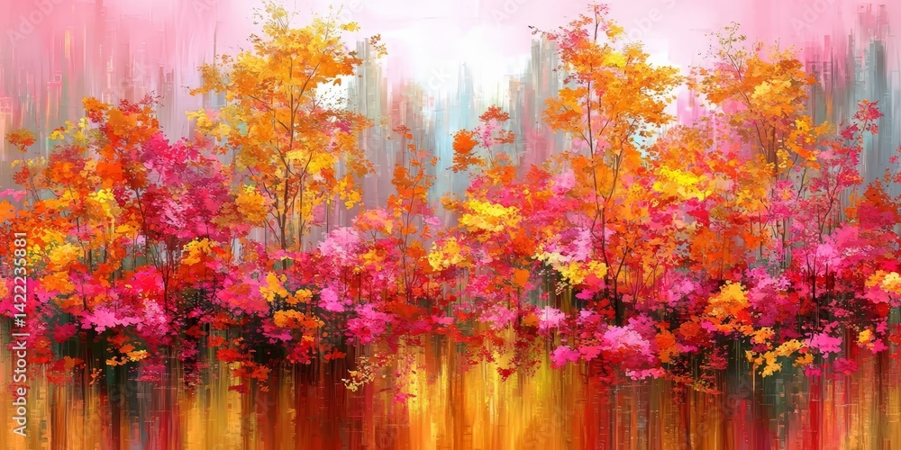 Poster painting of a forest with many trees and flowers in various colors. the painting has a warm and vibr