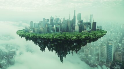Flying island town with green trees, above polluted city