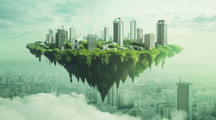 Flying island town with green trees, above polluted city