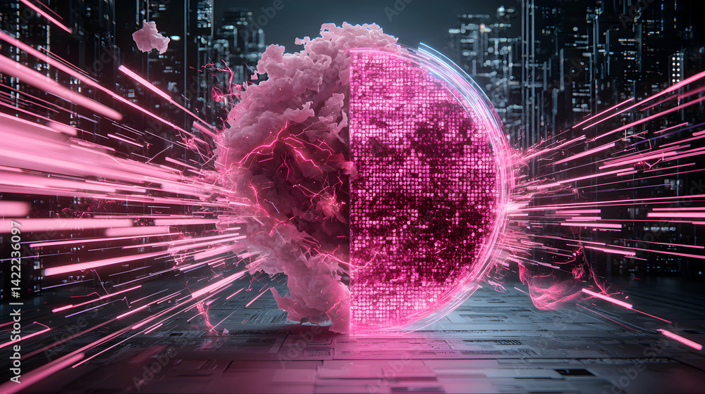 Poster a futuristic digital art piece featuring a split sphere with data and organic forms. suggests techno