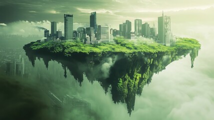 Flying town with green trees, above polluted city