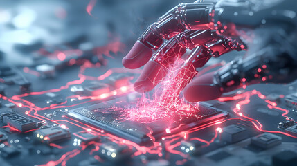 A robotic hand interacting with a circuit board futuristic concept. Great for tech design or science fiction content. Use it for website backgrounds or promotional materials.
