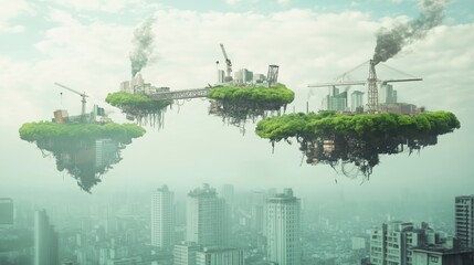 Flying islands town with green trees, above polluted city