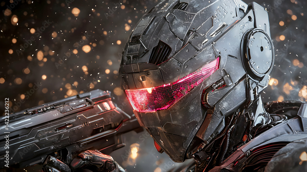 Poster a close-up of a cyborg robot with a futuristic gun and glowing red visor. perfect for sci-fi game ar