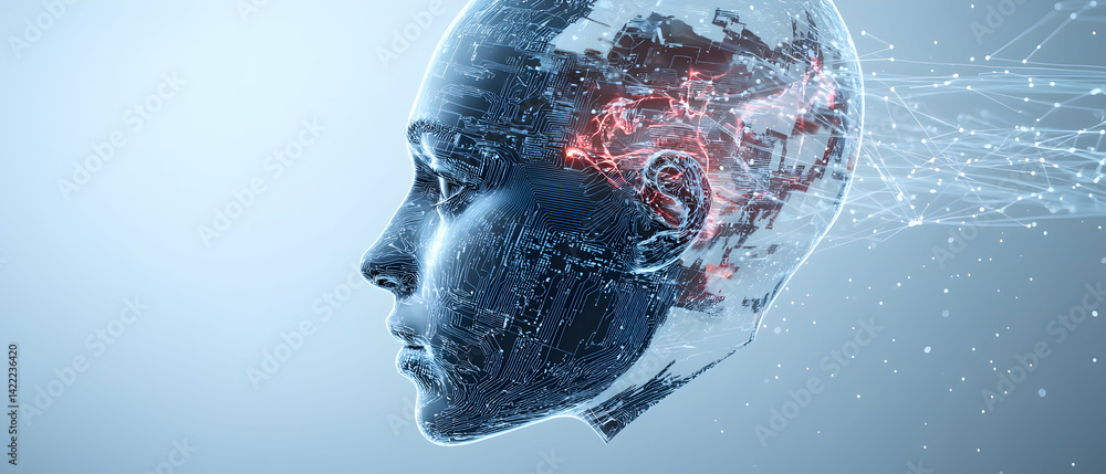 Aufkleber an image of a human-like face with a circuit board design suggesting artificial intelligence and tec