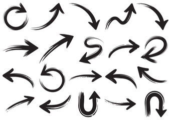 Hand Drawn Arrow Brush Set, Vector Collection of Sketchy Arrows in Multiple Directions, Curved and Swirled Brush Strokes, Perfect for Infographics, Presentations, Web UI, and Design Elements