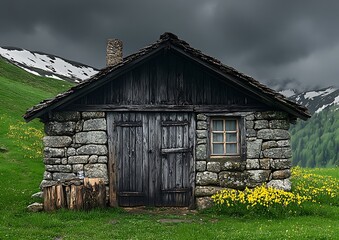 Obraz premium Alpine Hut, Mountain Meadow, Stormy Sky