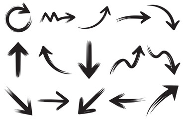 Hand Drawn Arrow Brush Set, Vector Collection of Sketchy Arrows in Multiple Directions, Curved and Swirled Brush Strokes, Perfect for Infographics, Presentations, Web UI, and Design Elements