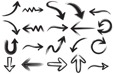 Hand Drawn Arrow Brush Set, Vector Collection of Sketchy Arrows in Multiple Directions, Curved and Swirled Brush Strokes, Perfect for Infographics, Presentations, Web UI, and Design Elements