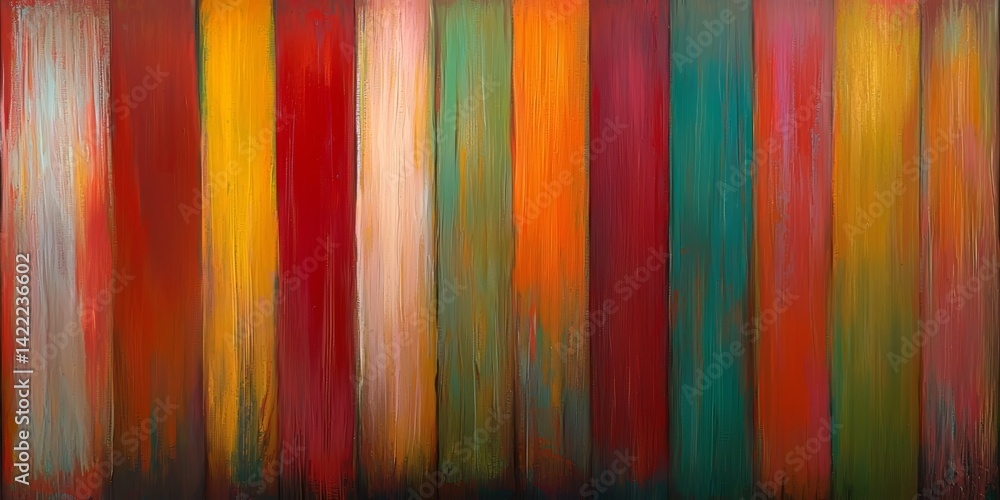 Aufkleber painting of a row of colorful stripes with a blue stripe in the middle. the painting is abstract and